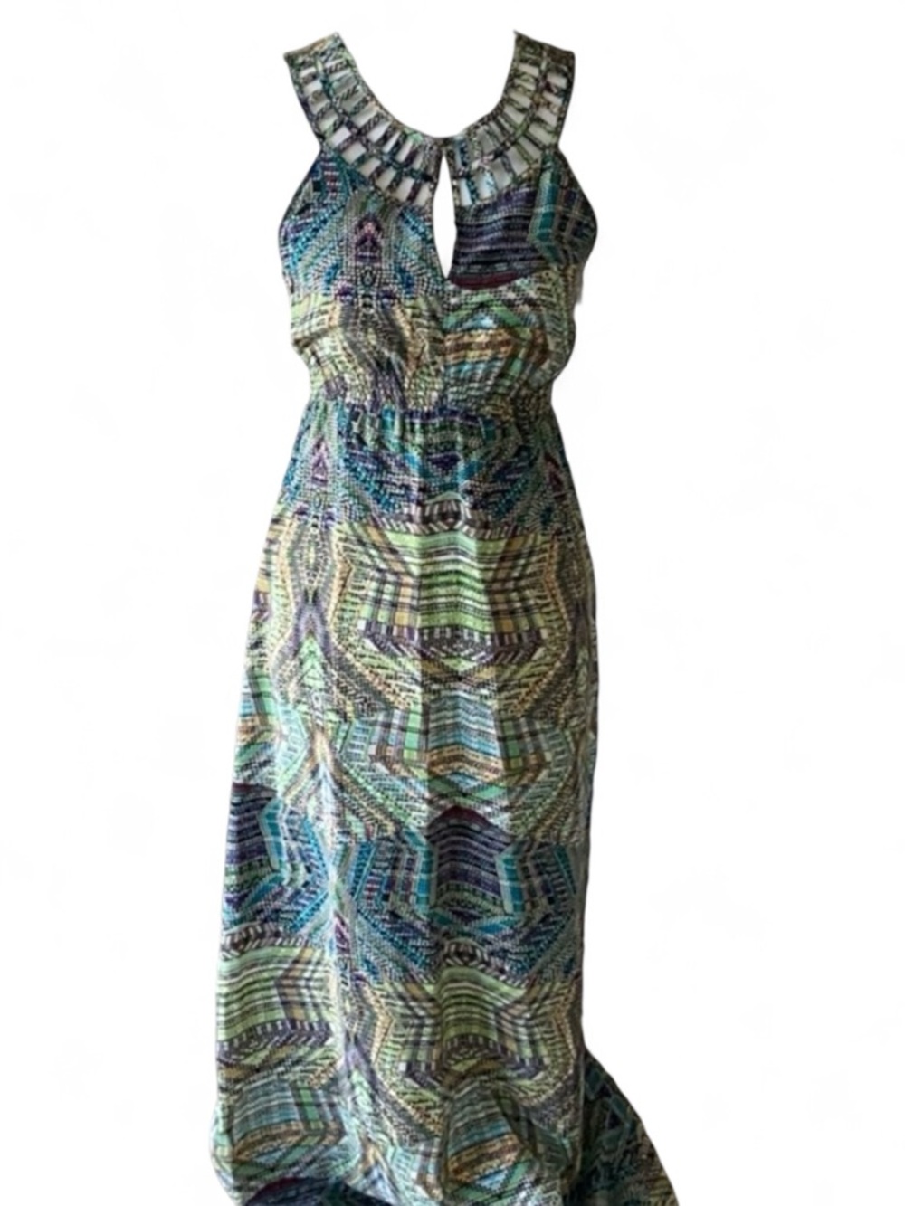 charlie jade Silk Maxi Dress Multicolor Geometric Lattice Collar Detail M